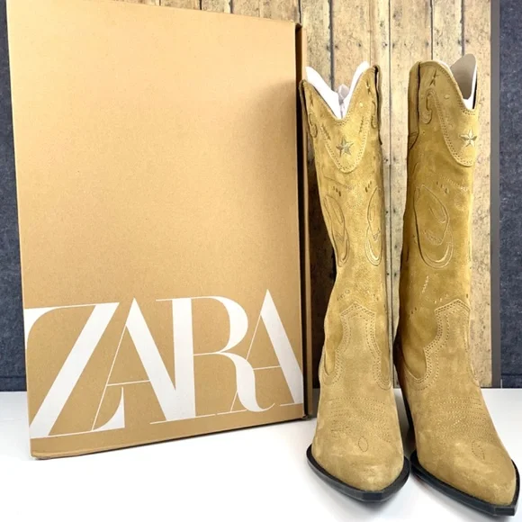 Zara Embroidered Taupe/Tan Suede 15.5” Pull-On Boots, Size 7.5 - Picture 15 of 15